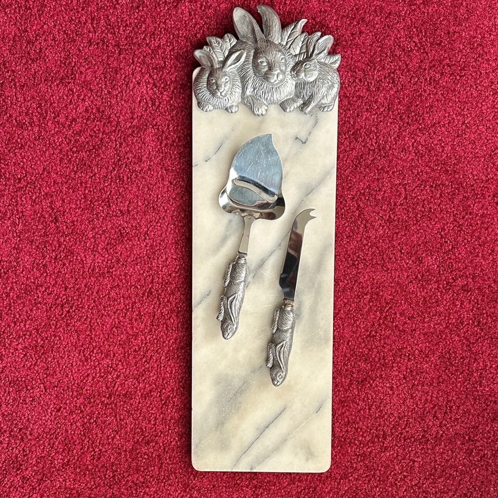 Arthur Court Bunny Clutch & Oblong Trays, Marble Cheese Board, Knife & Plane - Picture 7 of 10